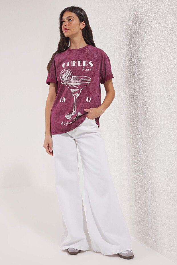 Bordo Kalın Pamuklu Baskılı Oversize/Geniş Kalıp Örme T-shirt TWOSS25TS00103 - 2