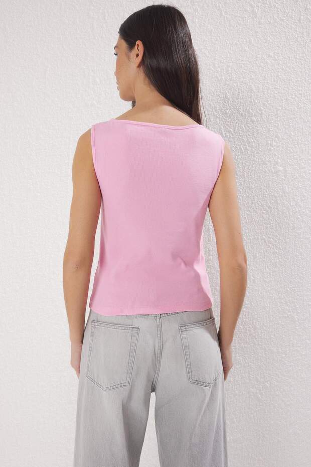 Pembe Düğmeli Fitted/Vücuda Oturan Fitilli Esnek Örme Bluz TWOSS24BZ00306 - 4