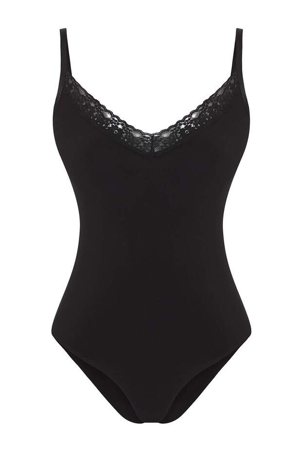 Siyah Askılı Dantel Detaylı Örme Body TPRSS25BD00016 - 1