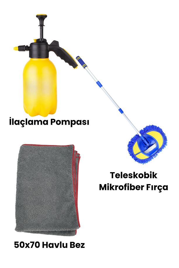 Basınçlı Yıkama Pompası, Mikrofiber Oto Yıkama Fırçası ve Araba Silme Bezi 3'lü Yıkama Seti - 2