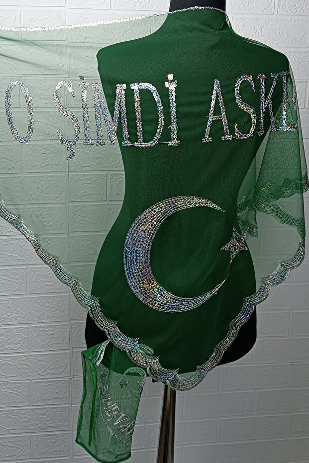 Yeşil Pullu O Şimdi Asker Şalı Örtüsü, Yeşil Kına Omuz Örtüsü Ayyıldız Pullu, Asker Örtüsü - 4