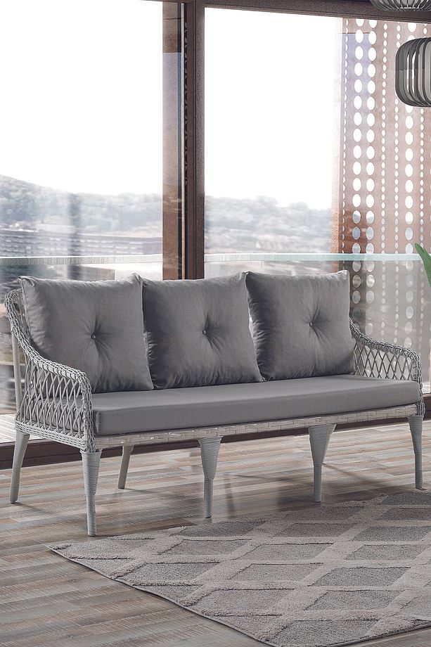 Joy Rattan Puflu Bahçe Balkon Takımı 3+1+1+ Camlı Masa Kemik Rengi - 2