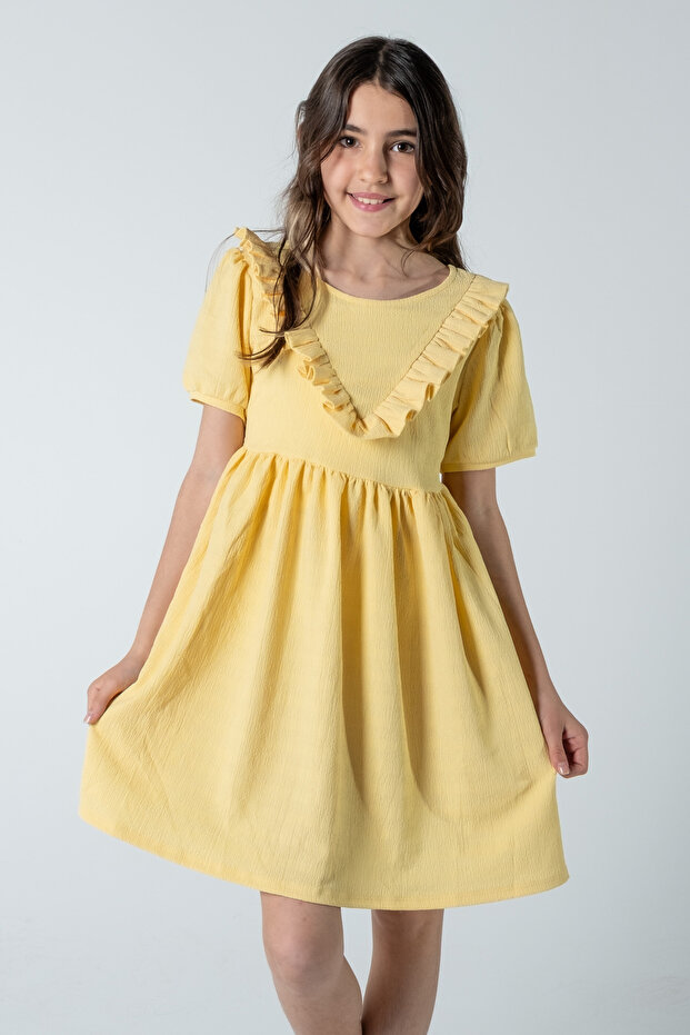 Ruffle Detailed Wrapped Fabric Girl's Short Sleeve Dress / with Different Color Options