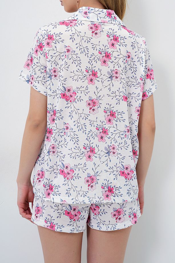 Kadın Gri - Pembe Çiçek Desenli Örme Pamuklu Gömlek Ve Şort Pijama Takımı Pjmx13886 - 5