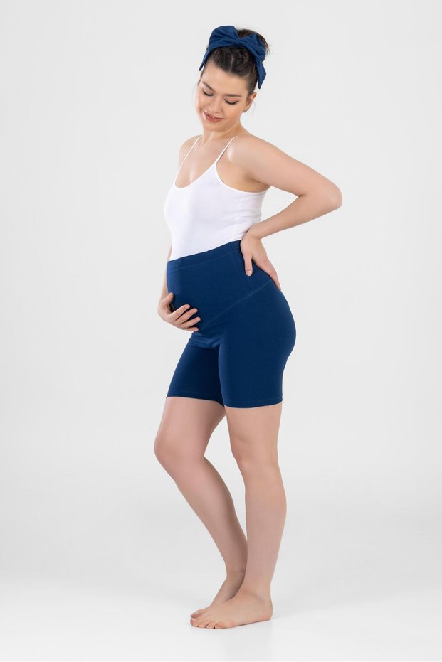 Women's Above Knee Biker Stretchy Adjustable High Waist Combed Cotton Maternity Leggings 8910 Navy Blue