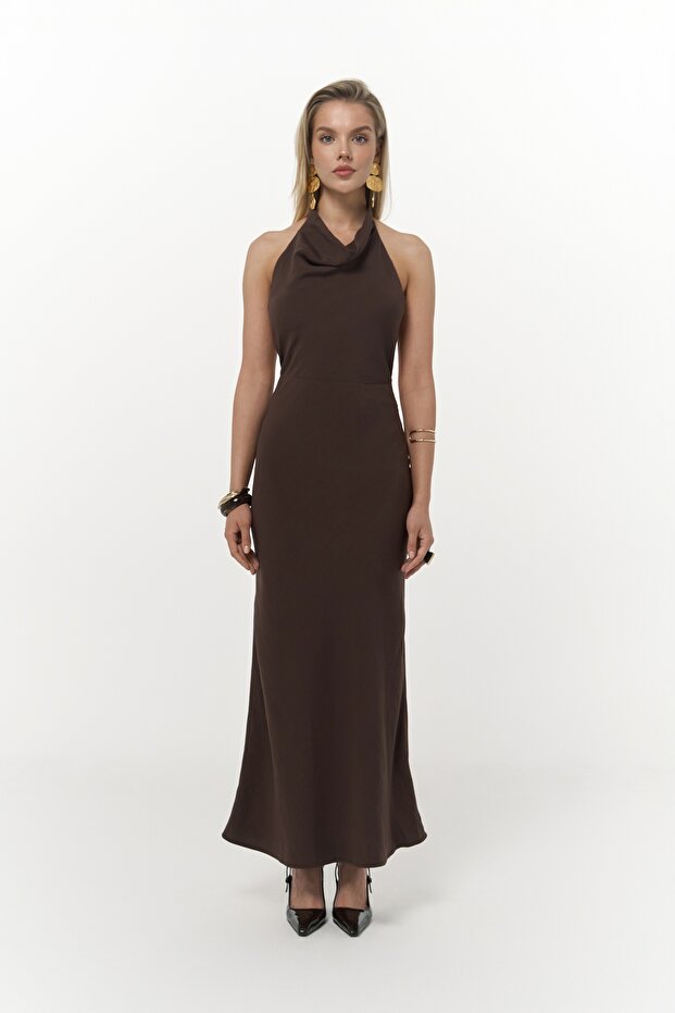 Loretta Sırt Dekolteli Kahve Uzun Elbise - 2