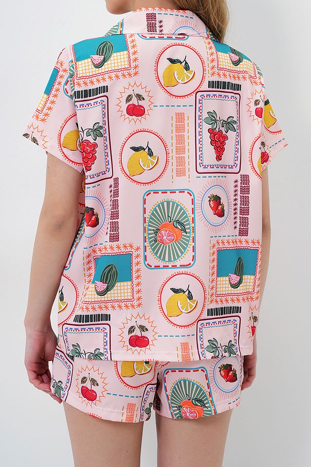 Kadın Pudra Desenli Önü Düğmeli Dokuma Gömlek Ve Şort Pijama Takım Pjmx13890 - 5