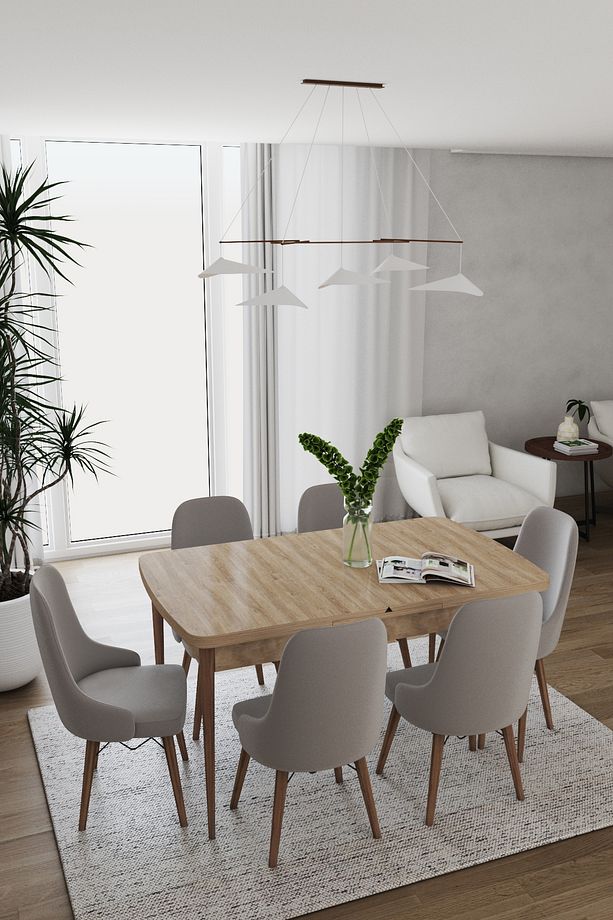 Konfor Serisi 80x130 Açılabilir Masa 6 Adet Gri Sandalye Masa Takımı Leke Tutmaz Kumaş - 1