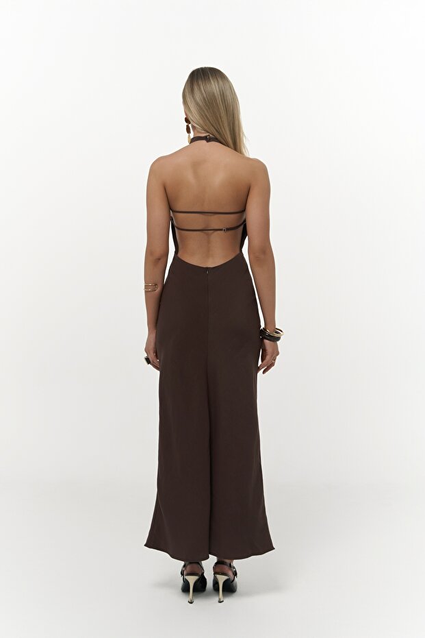 Loretta Sırt Dekolteli Kahve Uzun Elbise - 5