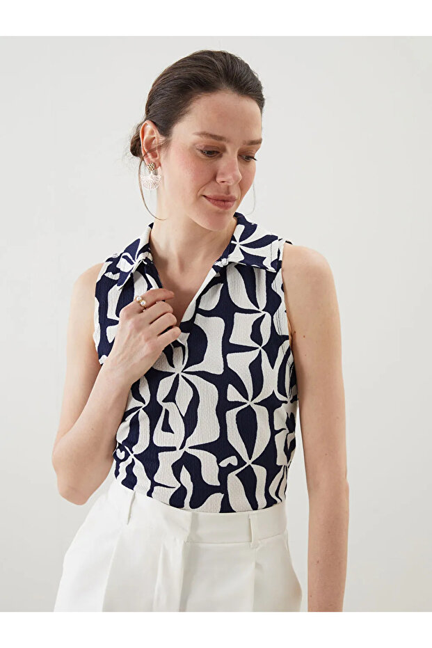 Lcwaikiki classic navy blue shirt collar patterned blouse