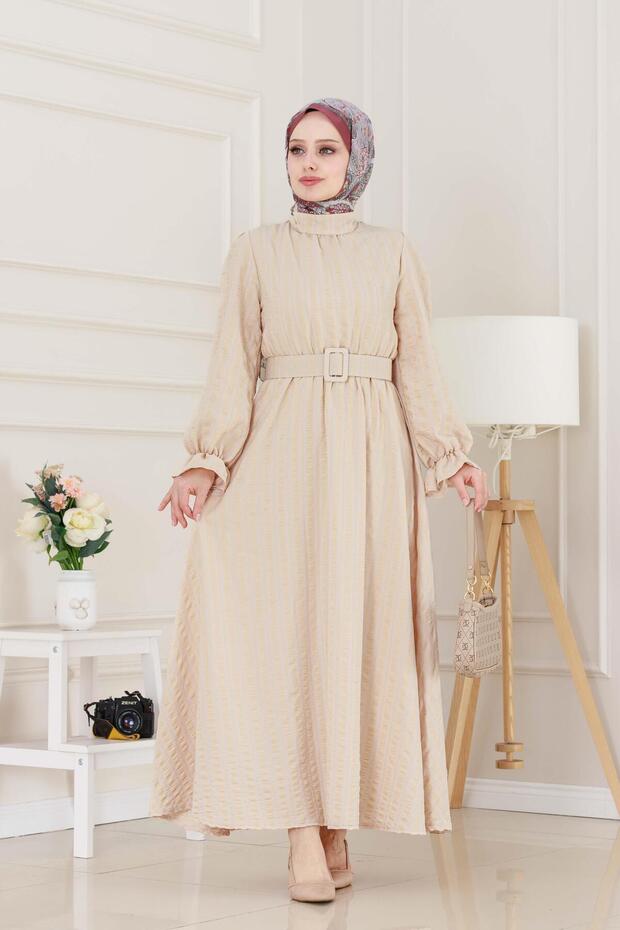 Henna Dress with Flounces and Belted Sleeves-Beige