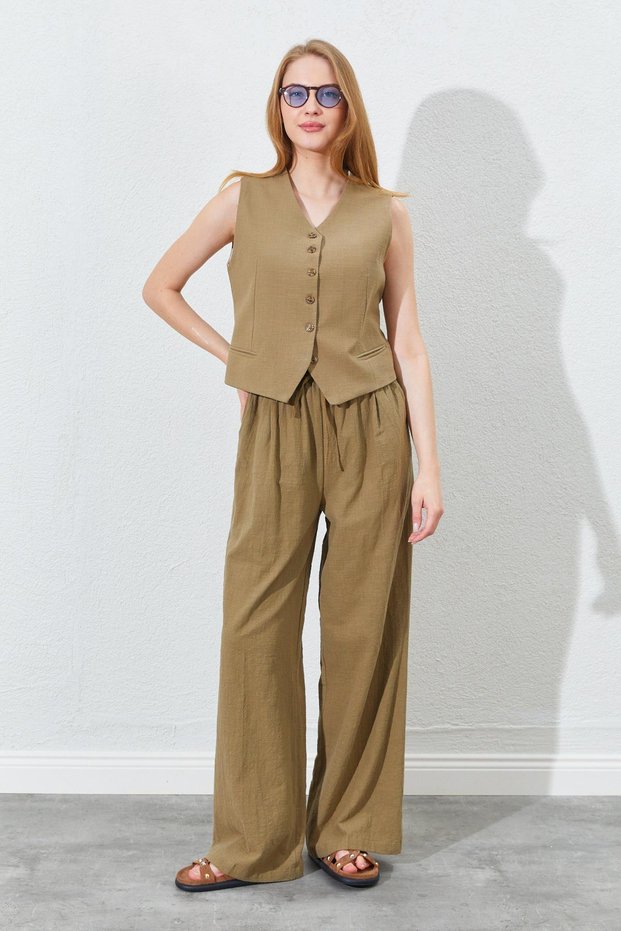 Women's Khaki Elastic Waist Palazzo Linen Trousers