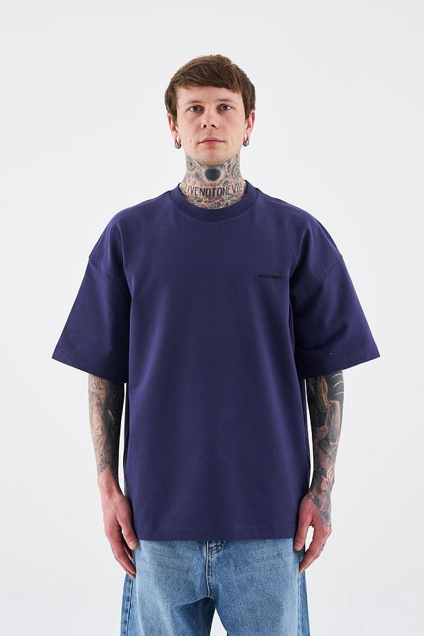 Erkek Solid Basic Pamuklu Oversize Lacivert Tişört - 5