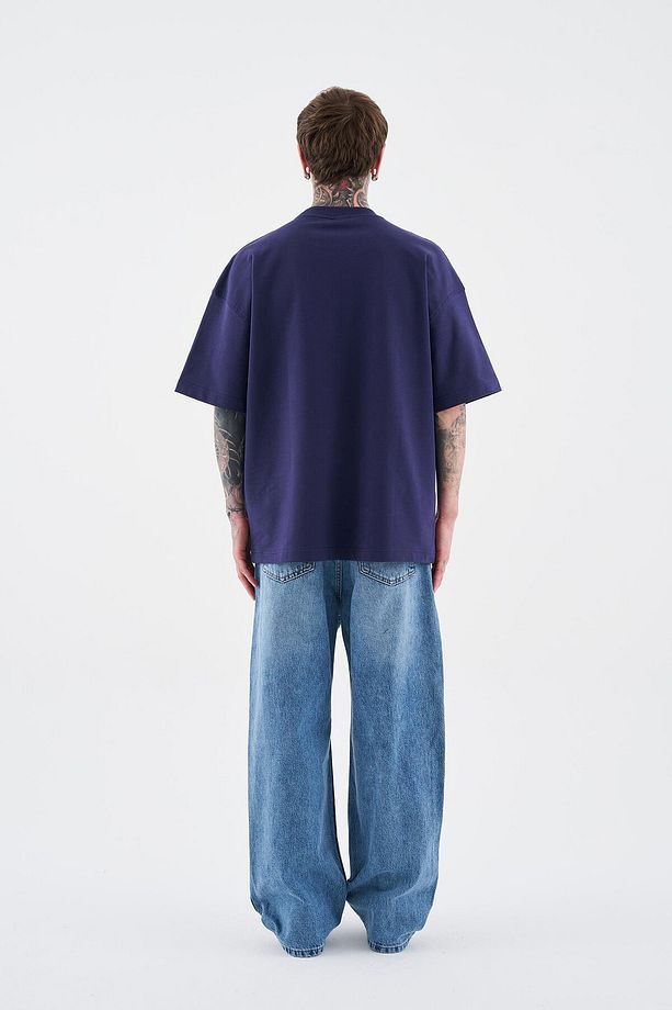 Erkek Solid Basic Pamuklu Oversize Lacivert Tişört - 8