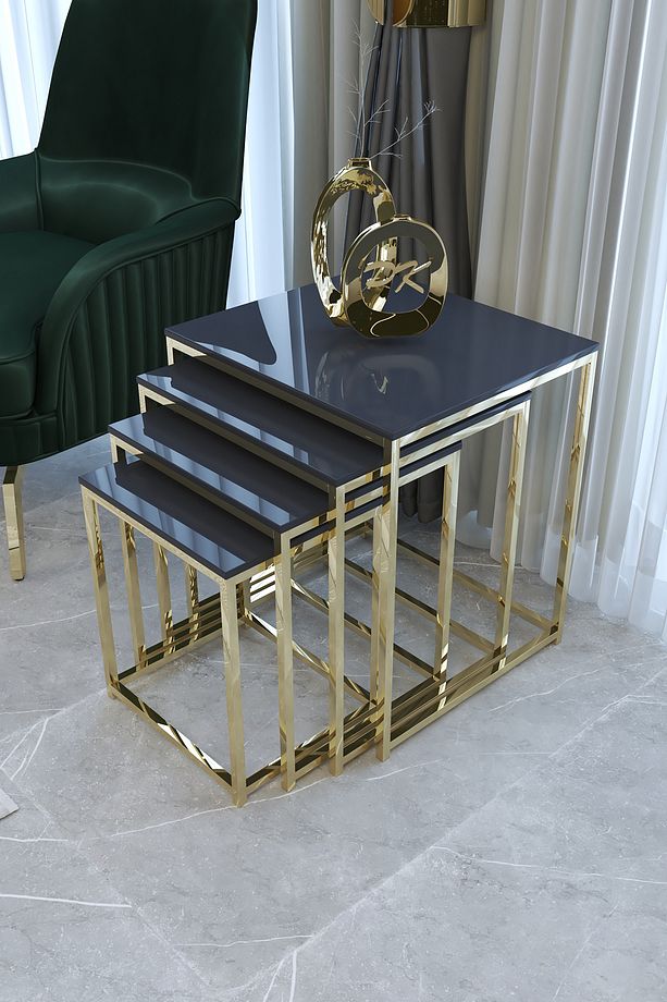 Duru 4'lü Kare Zigon Sehpa Seti Gold Ayak, Antrasit Mdf - 1