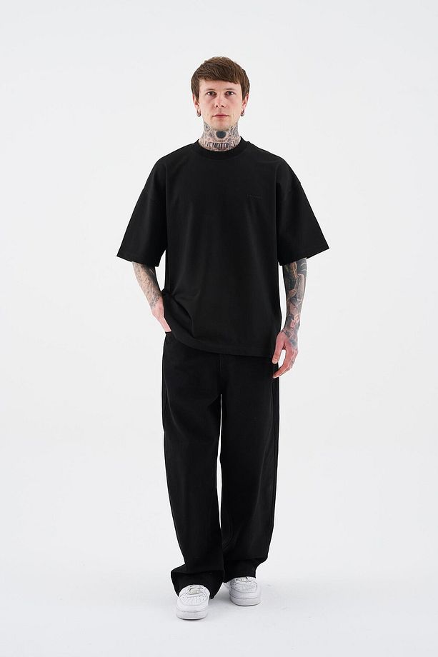 Erkek Solid Basic Pamuklu Oversize Siyah Tişört - 7