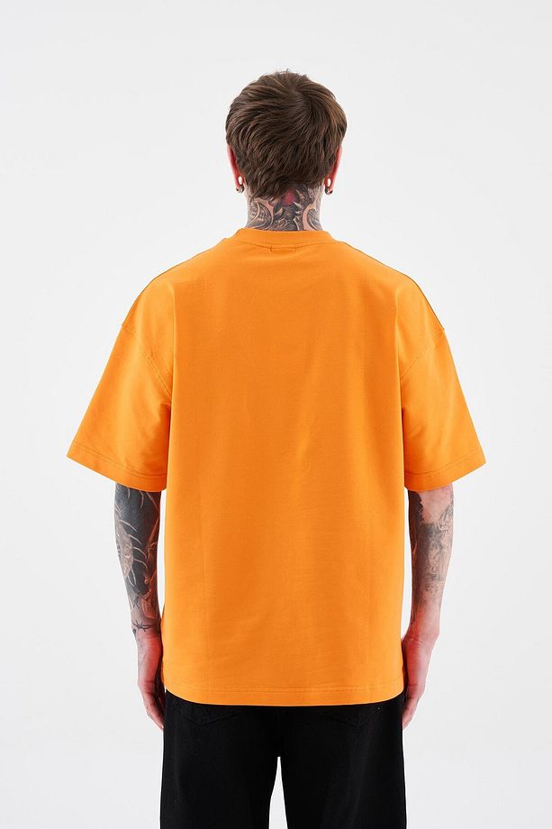 Erkek Solid Basic Pamuklu Oversize Turuncu Tişört - 6