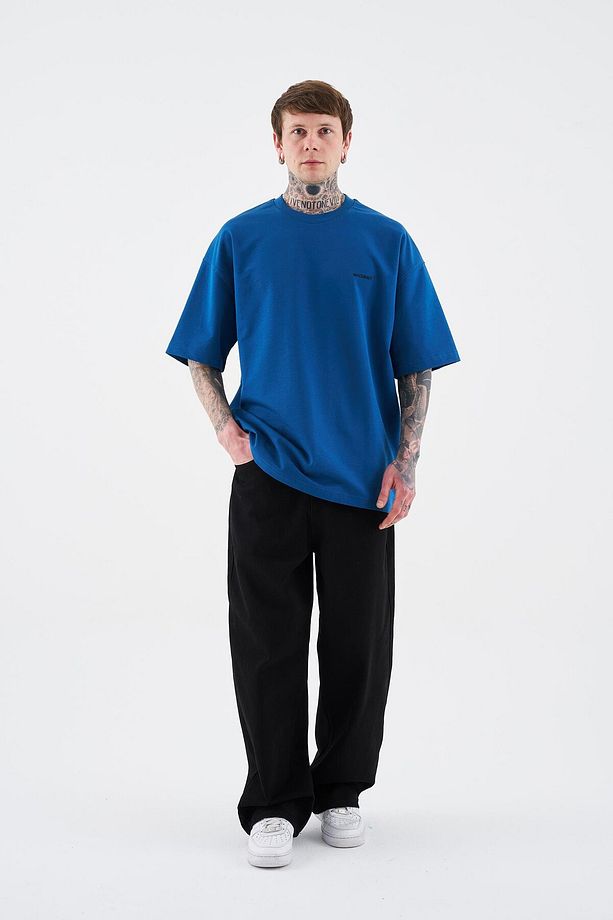 Erkek Basic Pamuklu Oversize İndigo Tişört - 7