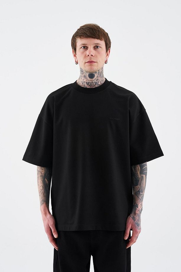 Erkek Solid Basic Pamuklu Oversize Siyah Tişört - 5