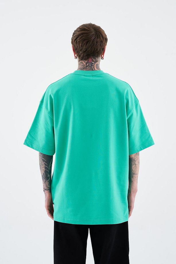 Erkek Solid Basic Pamuklu Oversize Yeşil Tişört - 6