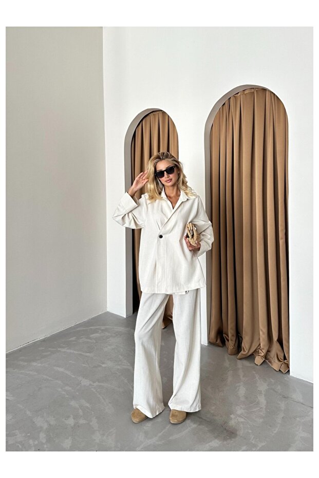 Naturalny komplet spodni kimono dwurzędowy z 100% bawełny zapinany na jeden guzik - 8351 - 1