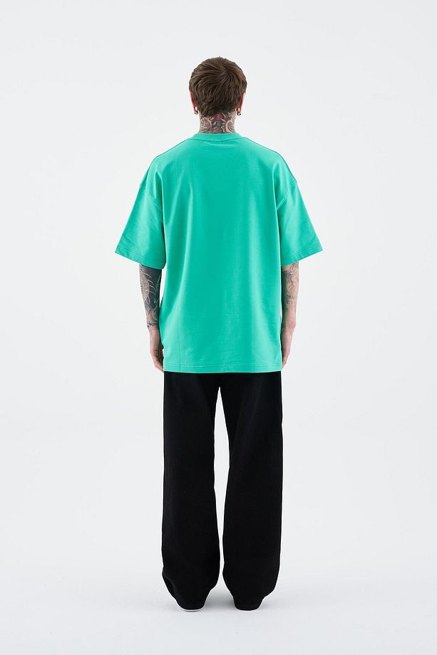 Erkek Solid Basic Pamuklu Oversize Yeşil Tişört - 8