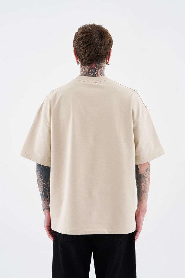Erkek Basic Pamuklu Oversize Açık Bej Tişört - 5