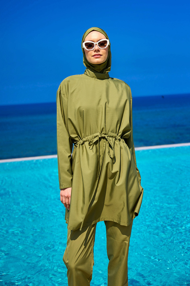 Fully Covered Hijab Swimsuit with Hidden Zipper and Drawstring Detail A2502-5 - 3