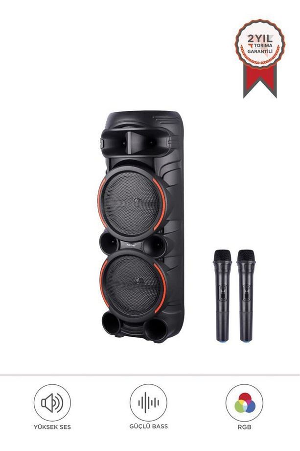 KTS-2058 Siyah Çift Mikrofonlu RGB Ledli Taşınabilir Bluetooth Hoparlör Parti Speaker - 1