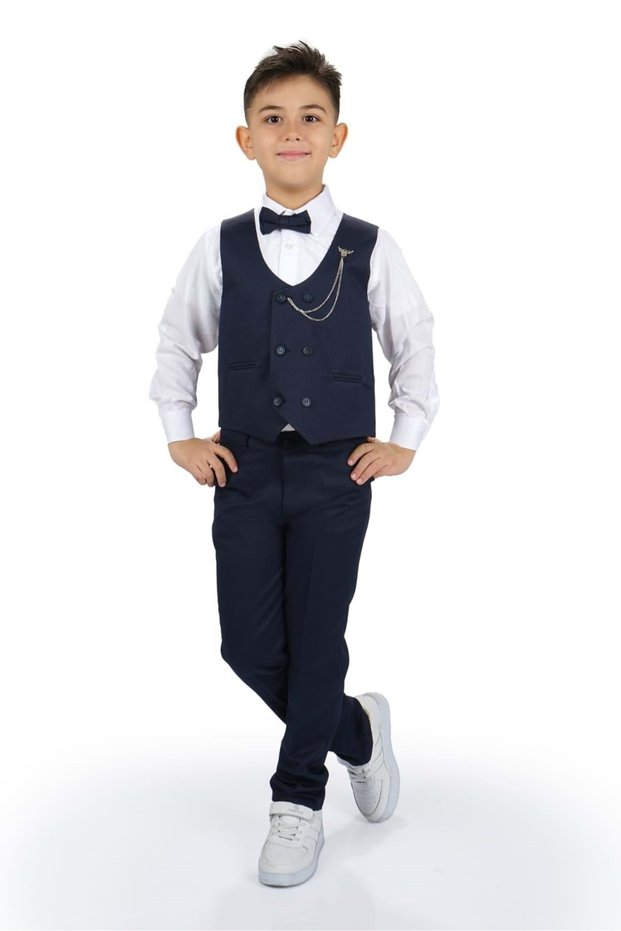Boy's Vest Years Old, Trousers, Shirt, Bow Tie and Chain Tuxedo Suit Sym0272 Dark Blue