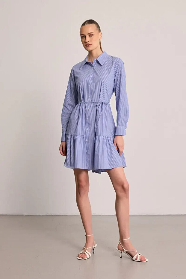 Striped Waist Belted Shirt Dress - Blue