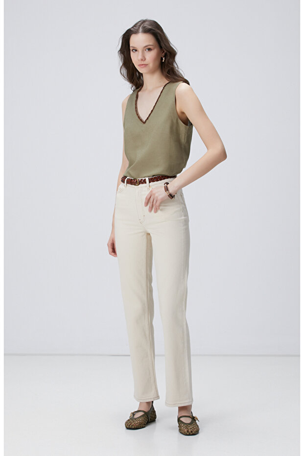 Haki Keten Karışımlı Bluz - 2