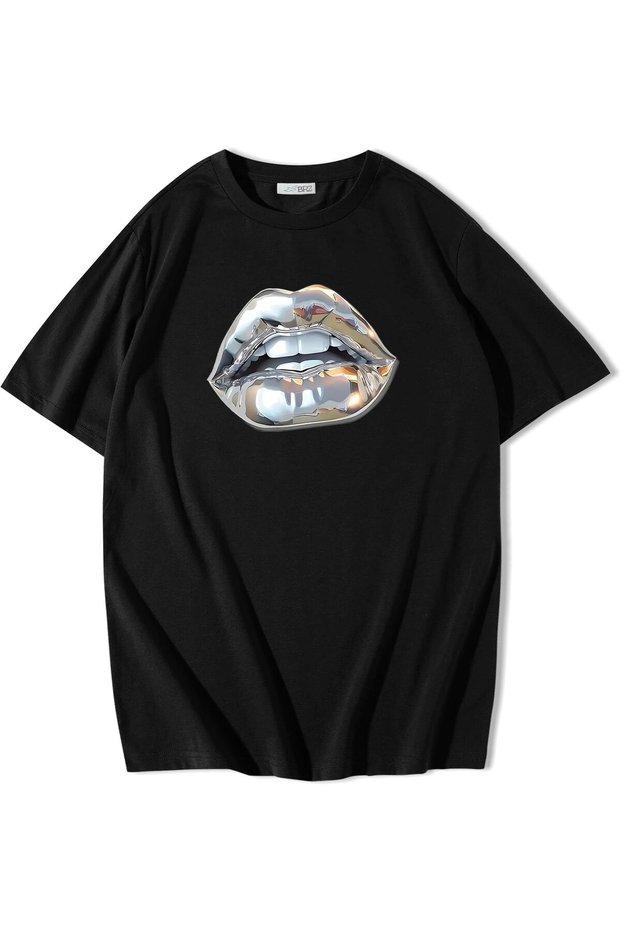 Unisex Oversize Silver Lip Silver Lip T-Shirt Black