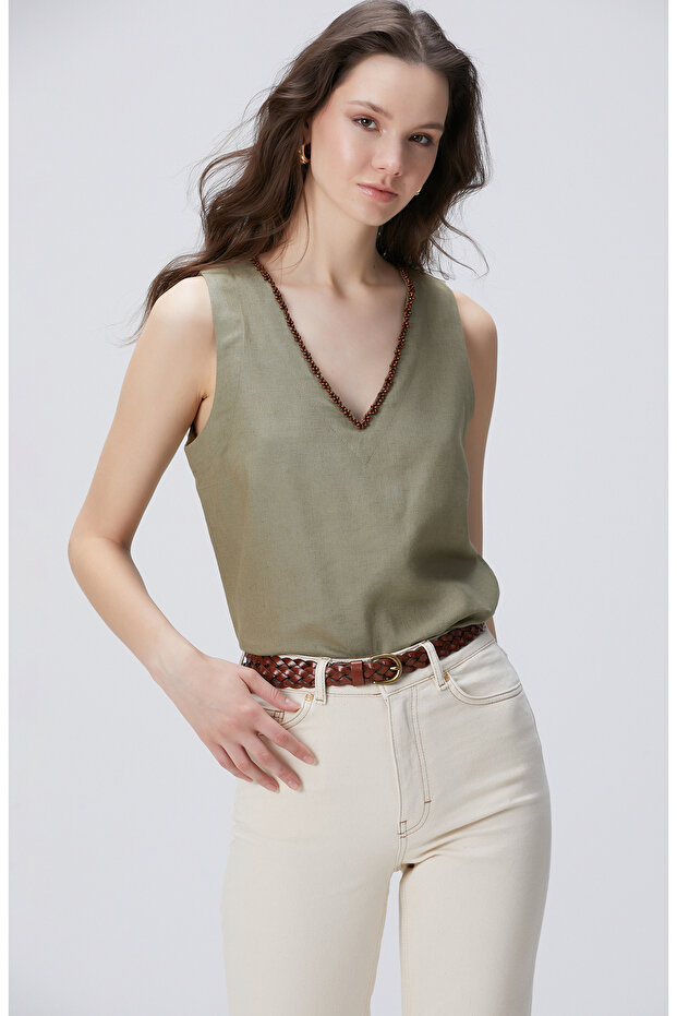 Haki Keten Karışımlı Bluz - 1