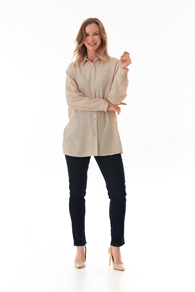 Kırçıllı Düğmeli Oversize Gömlek - 4