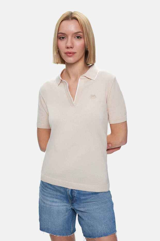 Sasha Bone Color Polo Neck Knitwear Embroidered Standard Fit Women's Tshirt