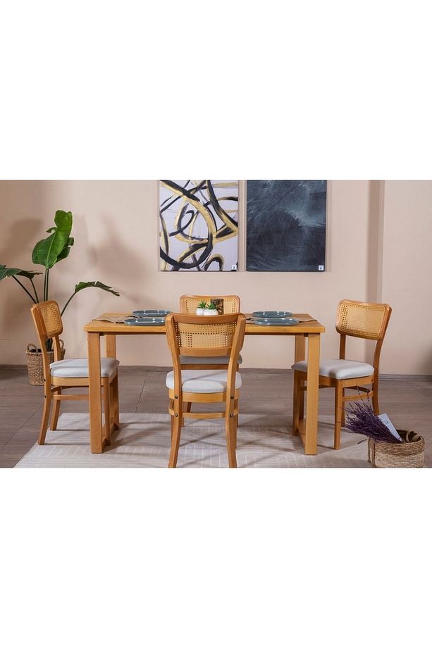Hazeran İskandinav Masif Mutfak Masa Takımı, 4 Sandalye 1 Masa, 80X140 - 2