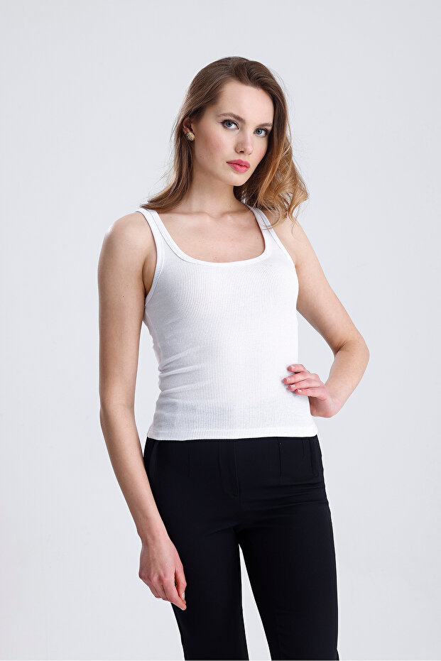 Kadın Fitilli Görünümlü Kalın Askılı Basic Beyaz Atlet - 1