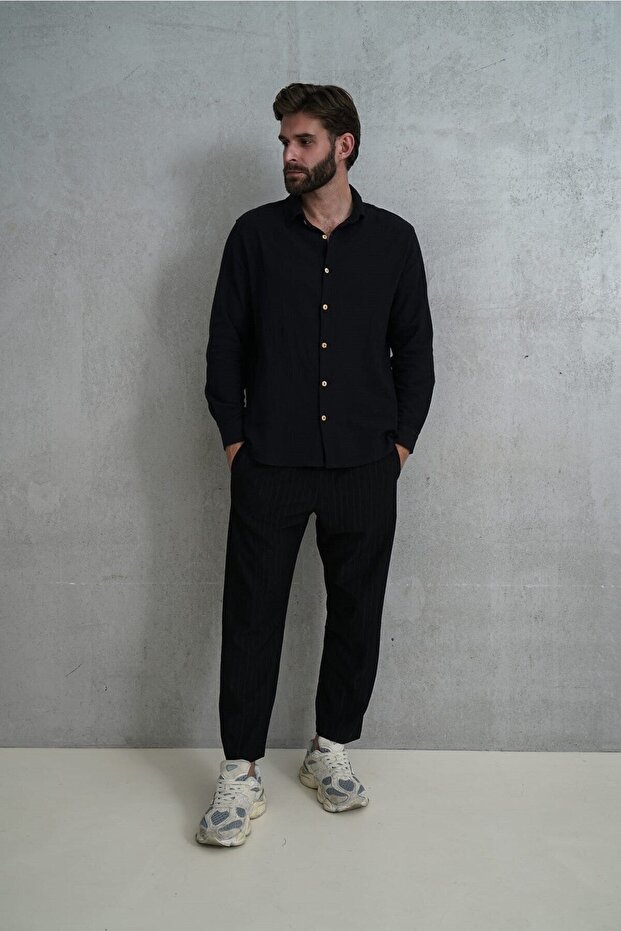 Wesley Erkek Oversize Krinkıl Siyah Gömlek - 2