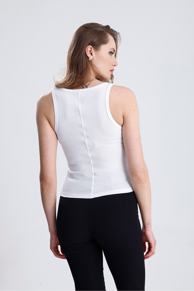 Kadın Fitilli Görünümlü Kalın Askılı Basic Beyaz Atlet - 8