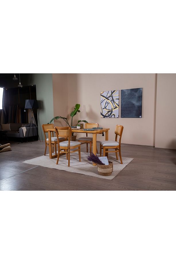 Hazeran İskandinav Masif Mutfak Masa Takımı, 4 Sandalye 1 Masa, 80X140 - 5