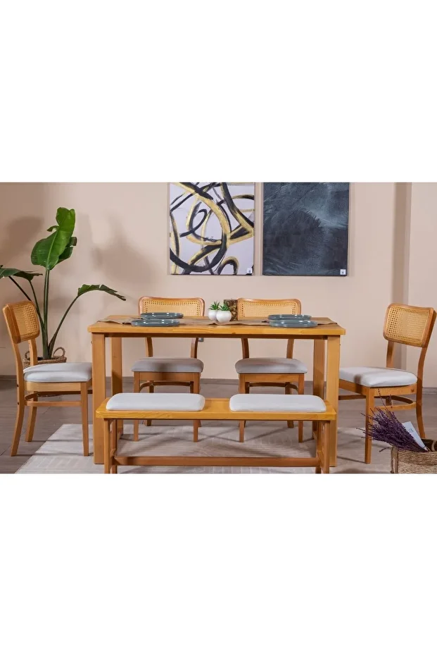 Hazeran İskandinav Masif Mutfak Masa Takımı, 4 Sandalye 1 Bench, 80X160 - 4