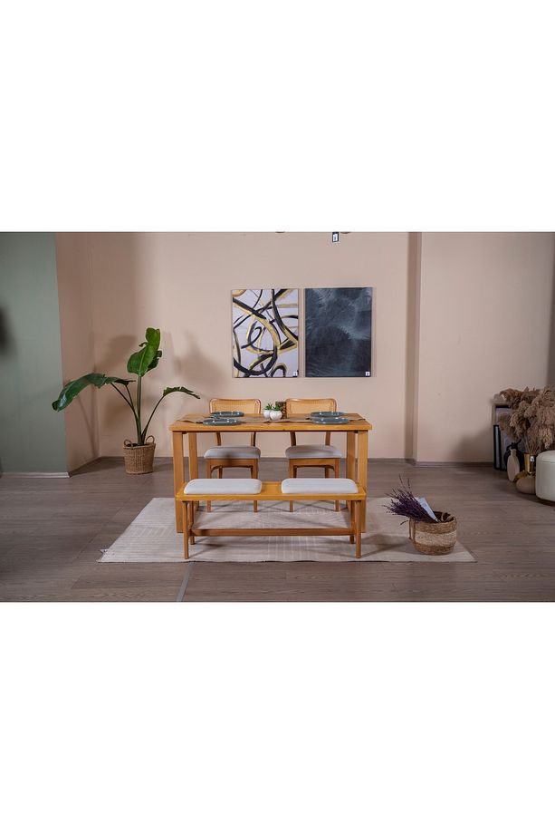Hazeran İskandinav Masif Mutfak Masa Takımı, 2 Sandalye 1 Bench, 80X160 - 2