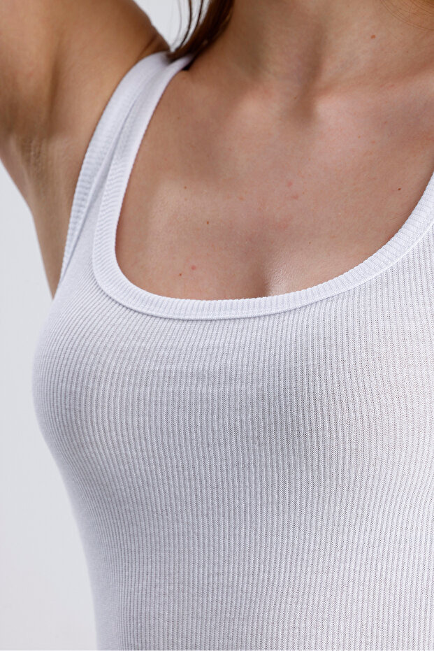 Kadın Fitilli Görünümlü Kalın Askılı Basic Beyaz Atlet - 4