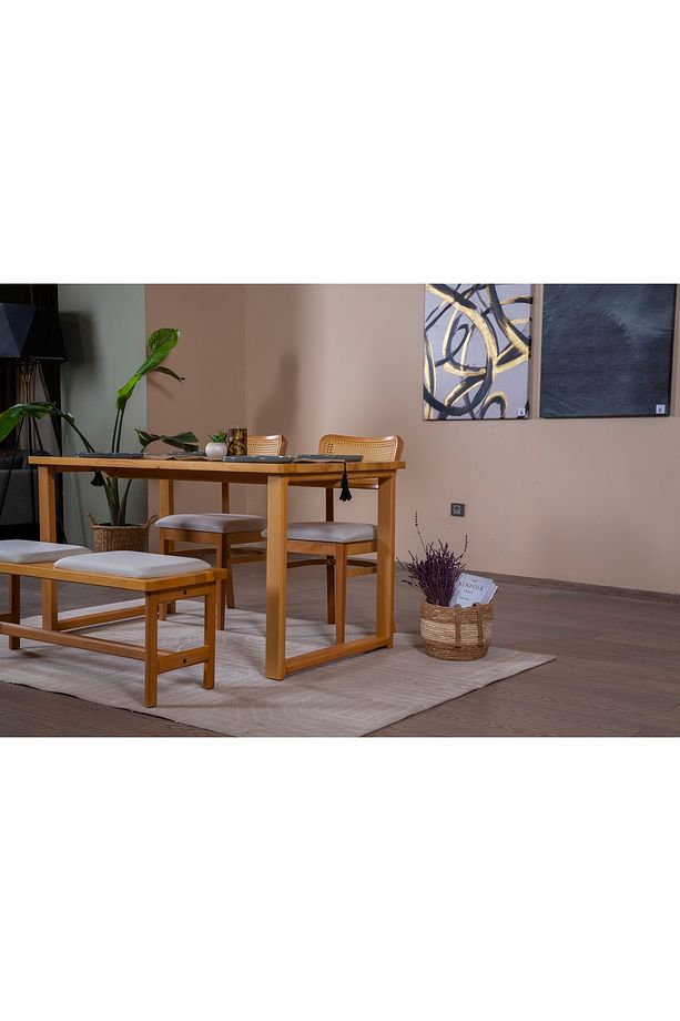 Hazeran İskandinav Masif Mutfak Masa Takımı, 2 Sandalye 1 Bench, 80X160 - 3