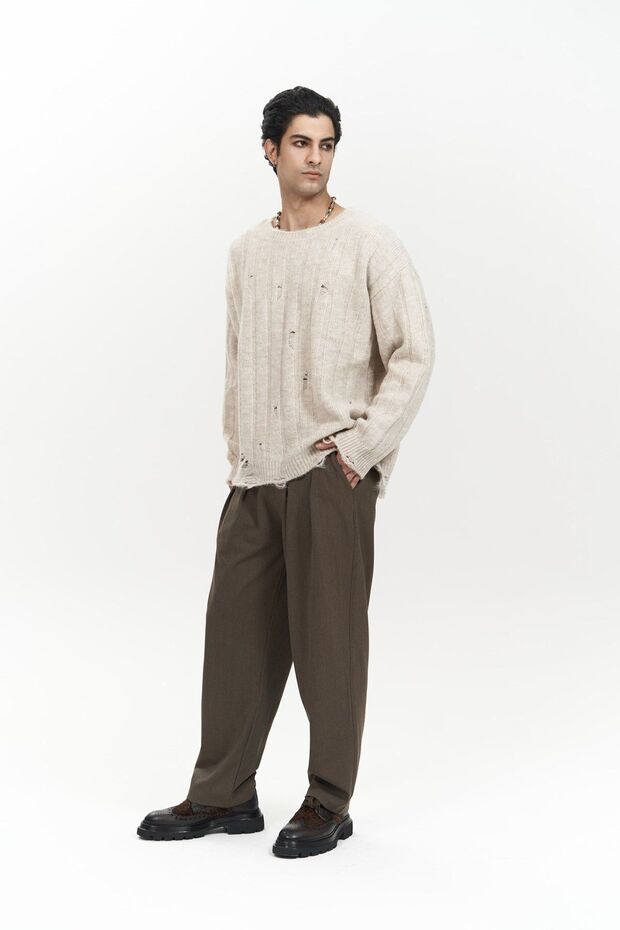 Vincent Ripped Detail Beige Men's Knitwear Sweater