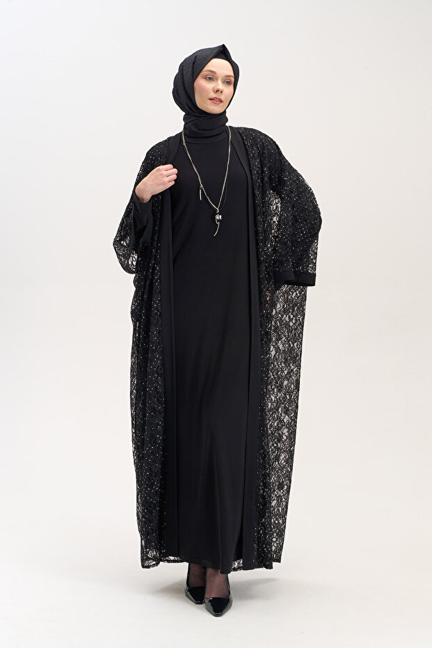Kolye Aksesuarlı Dantelli Abaya - 4