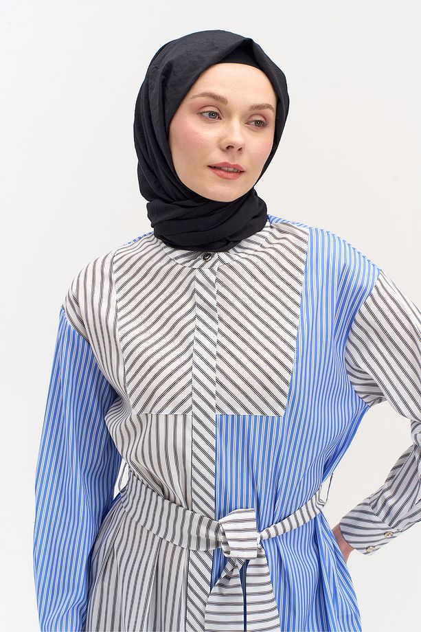 Kuşaklı Çift Renk Çizgili Tunik - 5
