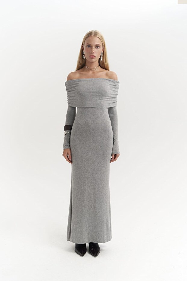 Rochie lungă gri cu guler Afro Carmen - 2