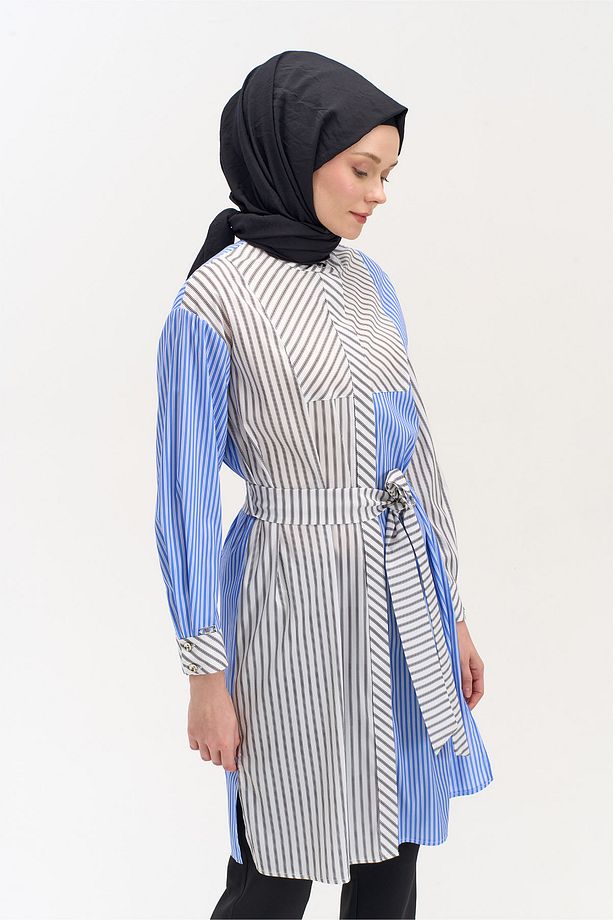 Kuşaklı Çift Renk Çizgili Tunik - 3